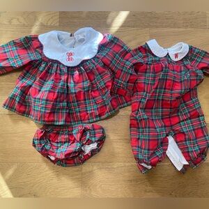 Cecil & Lou big sister “C” (2T) little brother “W” (6m) Christmas plaid outfits.
